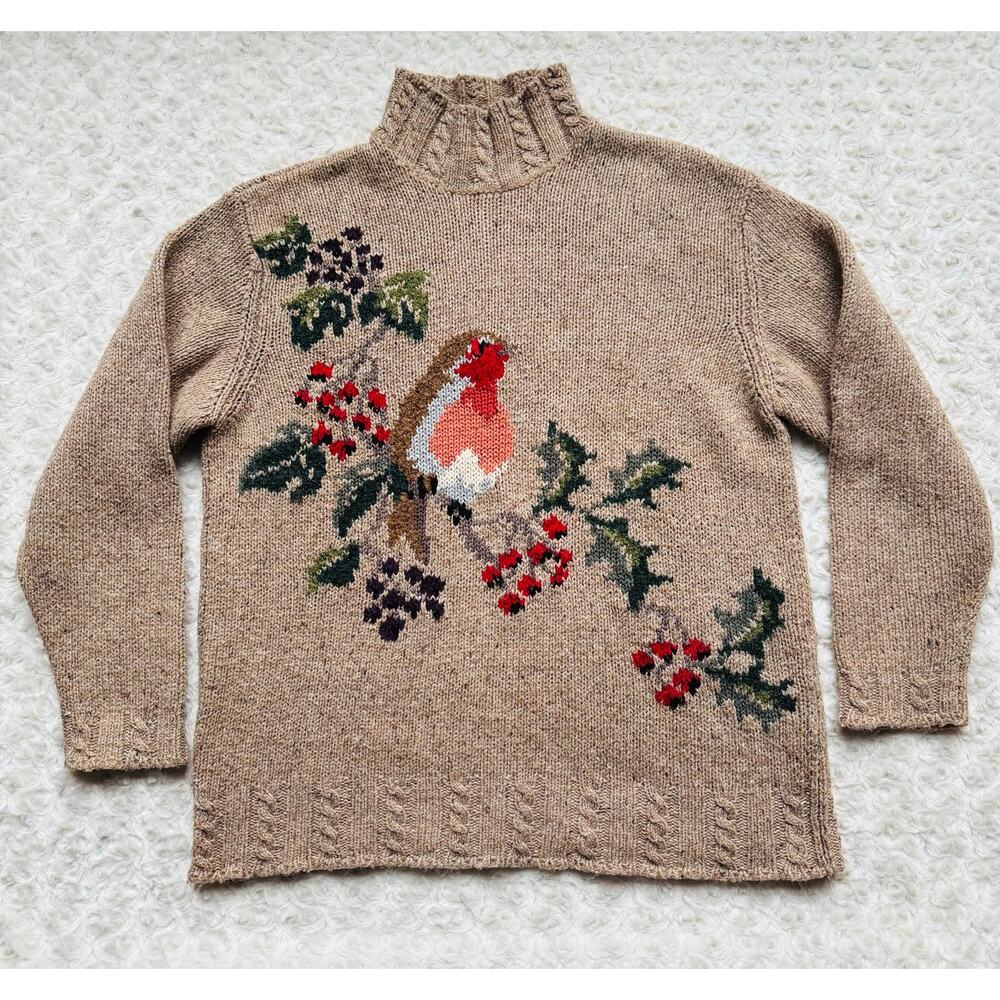 Talbots Womens Wool Blend Mock Turtleneck Robin Bird Tan Vintage Sweater Medium